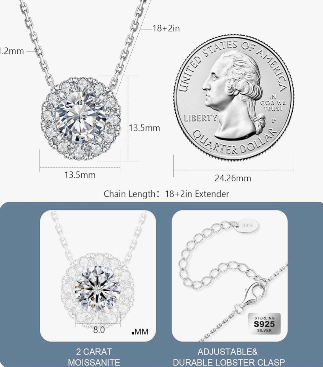 Moissanite Halo Necklace for Women, 2 Carats Lab Created Diamond with VVS1 Clarity D Color Moissanite Chain, White Gold Plated S925 Sterling Silver Necklace