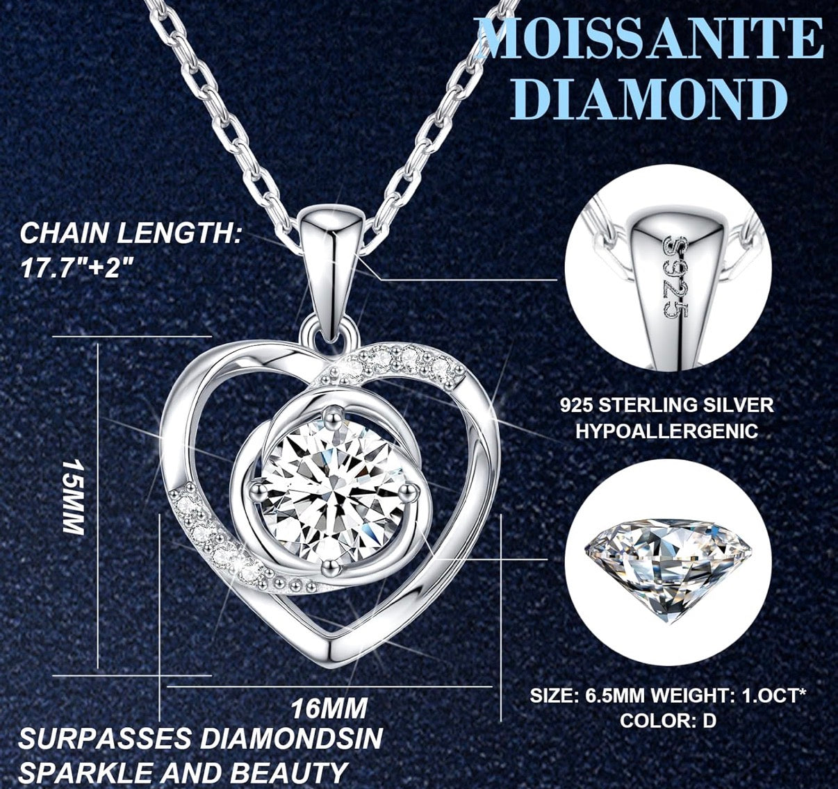 Moissanite Pendant Necklace for Women 925 Sterling Silver 1 Carat Moissanite Necklace
