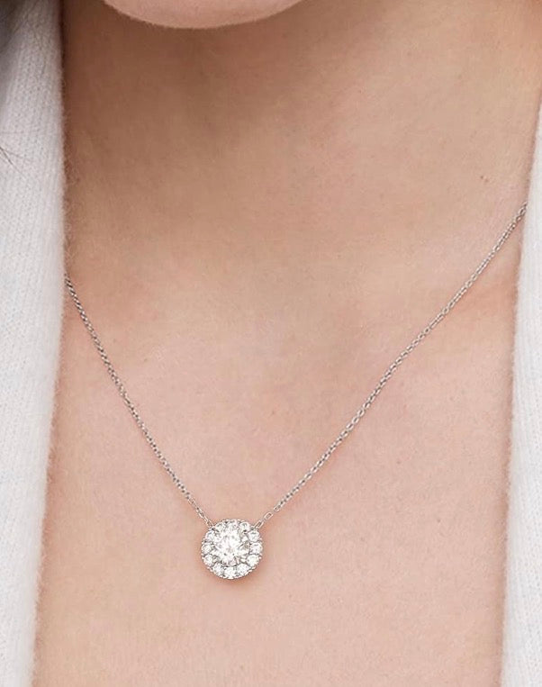Moissanite Halo Necklace for Women, 0.3CT-1.0CT Lab Created Diamond with VVS1 Clarity D Color Moissanite Chain, White Gold Plated S925 Sterling Silver Necklace