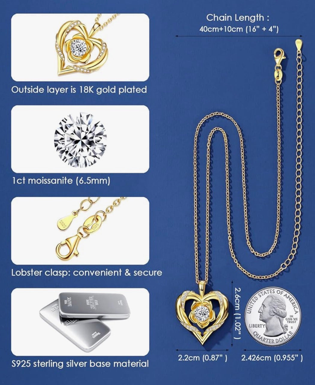 Rose Flower Heart Moissanite Necklaces for Wife, S925 Silver Pendant for Women, 18K Gold Plated Jewelry