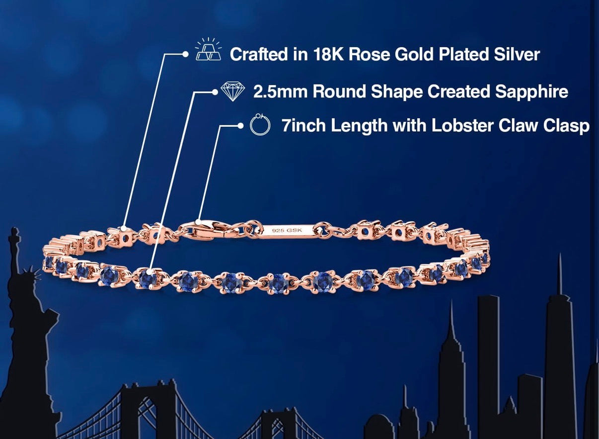 Blue Created Sapphire Tennis Bracelet Rose Gold 925 Sterling Silver 1.76 Carats 2.5MM Gemstone