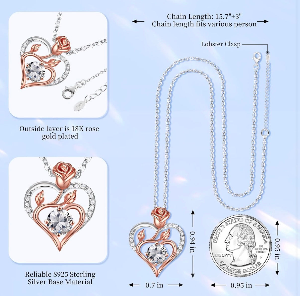Sterling Silver 0.7 CT Moissanite Heart Necklace with Rose Gold
