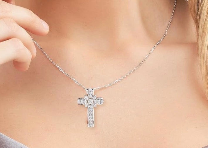 Christian Cross Moissanite Pendant Necklace for Women, D Color VVS1 925 Sterling Silver Plated 18k White Gold 20 Inches Chain