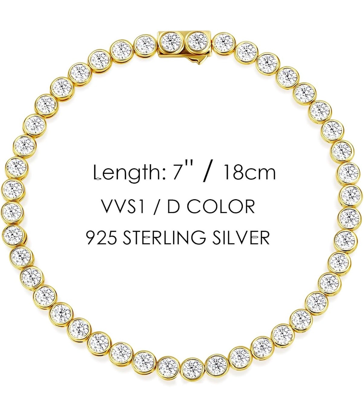 Moissanite Yellow Gold Tennis Bracelets for Women White Gold Plated 925 Sterling Silver Round Chain Sparkling 3mm Diamond VVS1 D Color Solitaire.