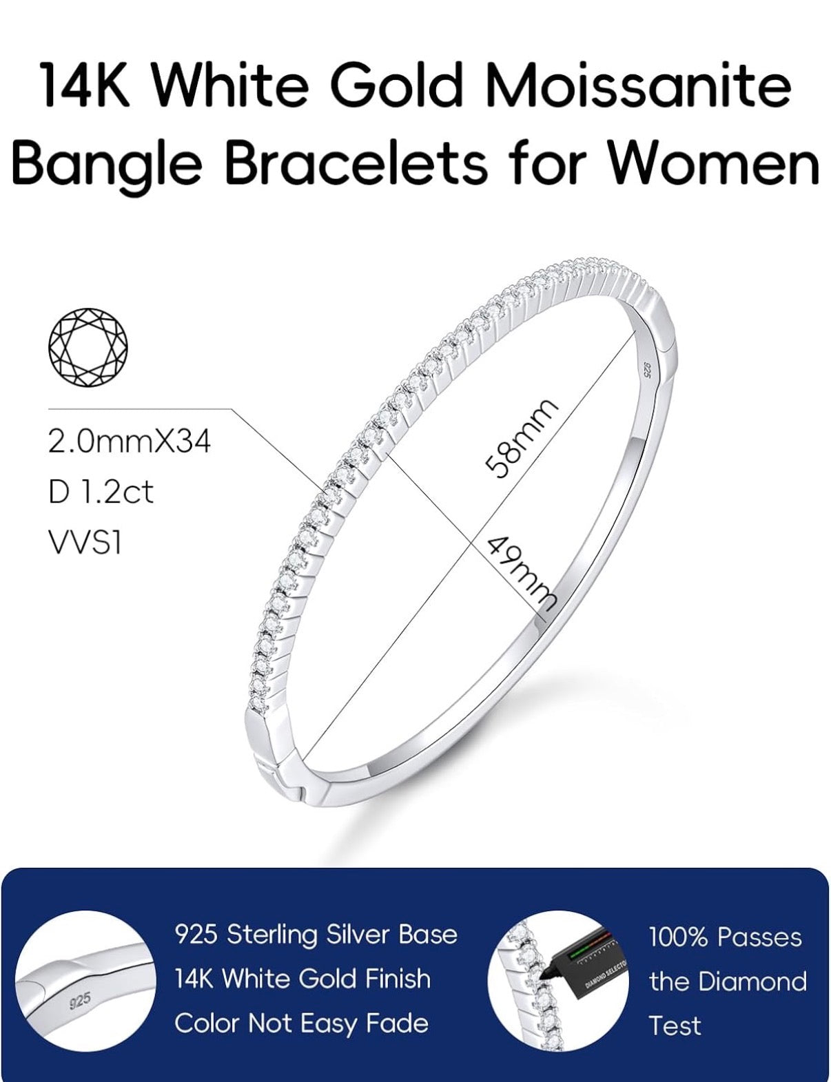 14K Gold Moissanite Bangle Bracelets for Women, 1 Carat D Color VVS1 Clarity 3EX Cut S925 Sterling Silver