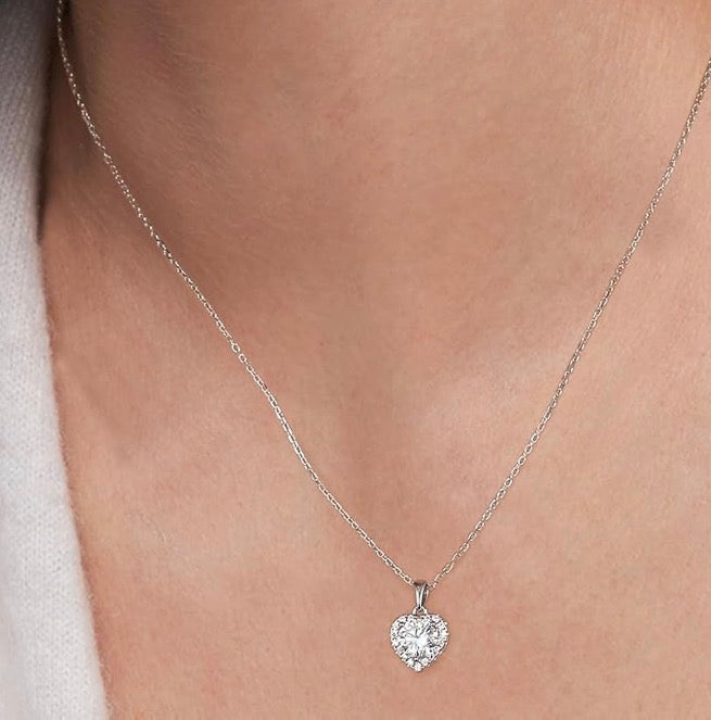 Moissanite Heart Necklace for Women, 0.3CT-1.0CT Lab Created Diamond with VVS1 Clarity D Color Moissanite Chain, White Gold Plated S925 Sterling Silver Necklace
