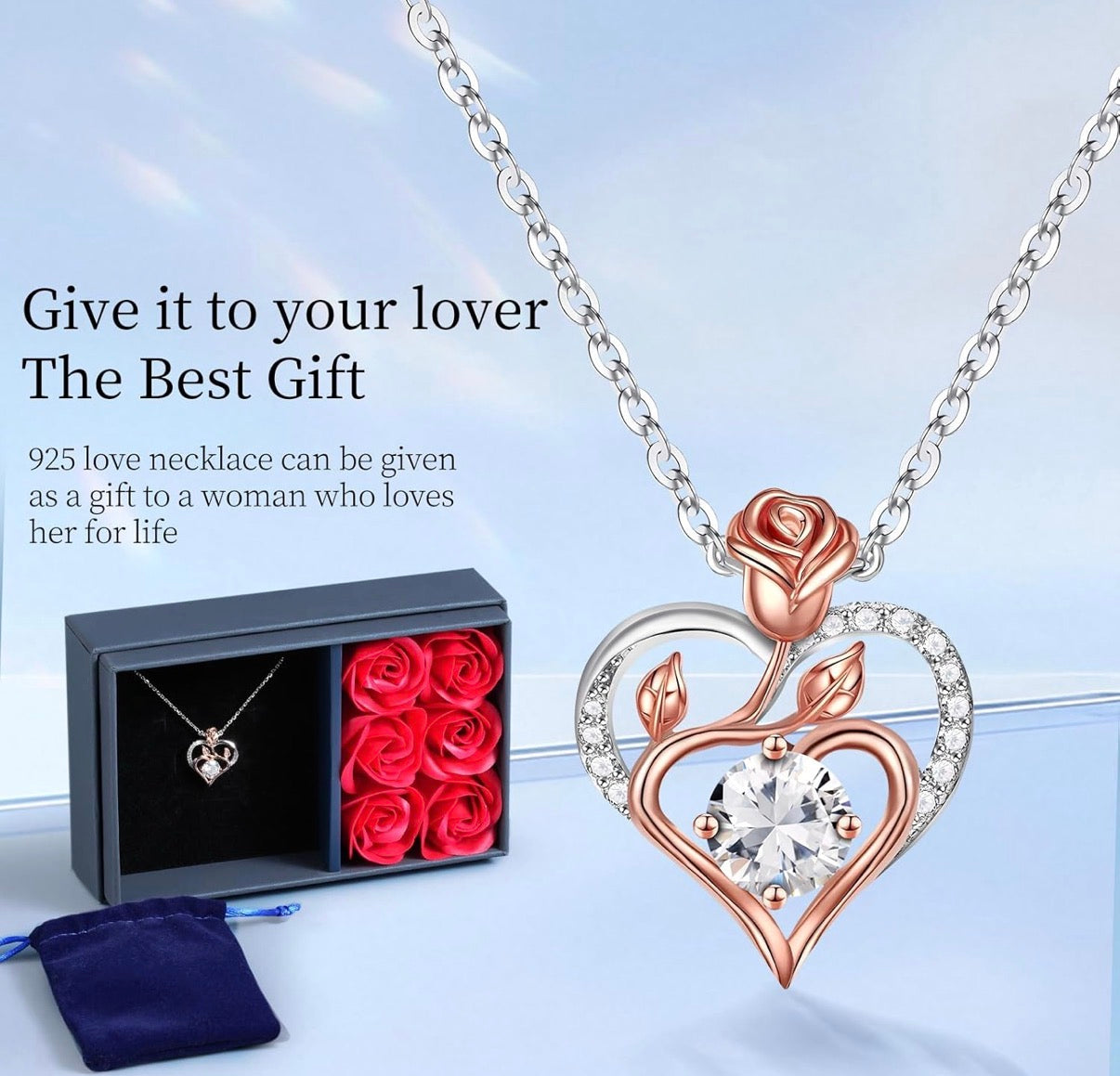 Sterling Silver 0.7 CT Moissanite Heart Necklace with Rose Gold