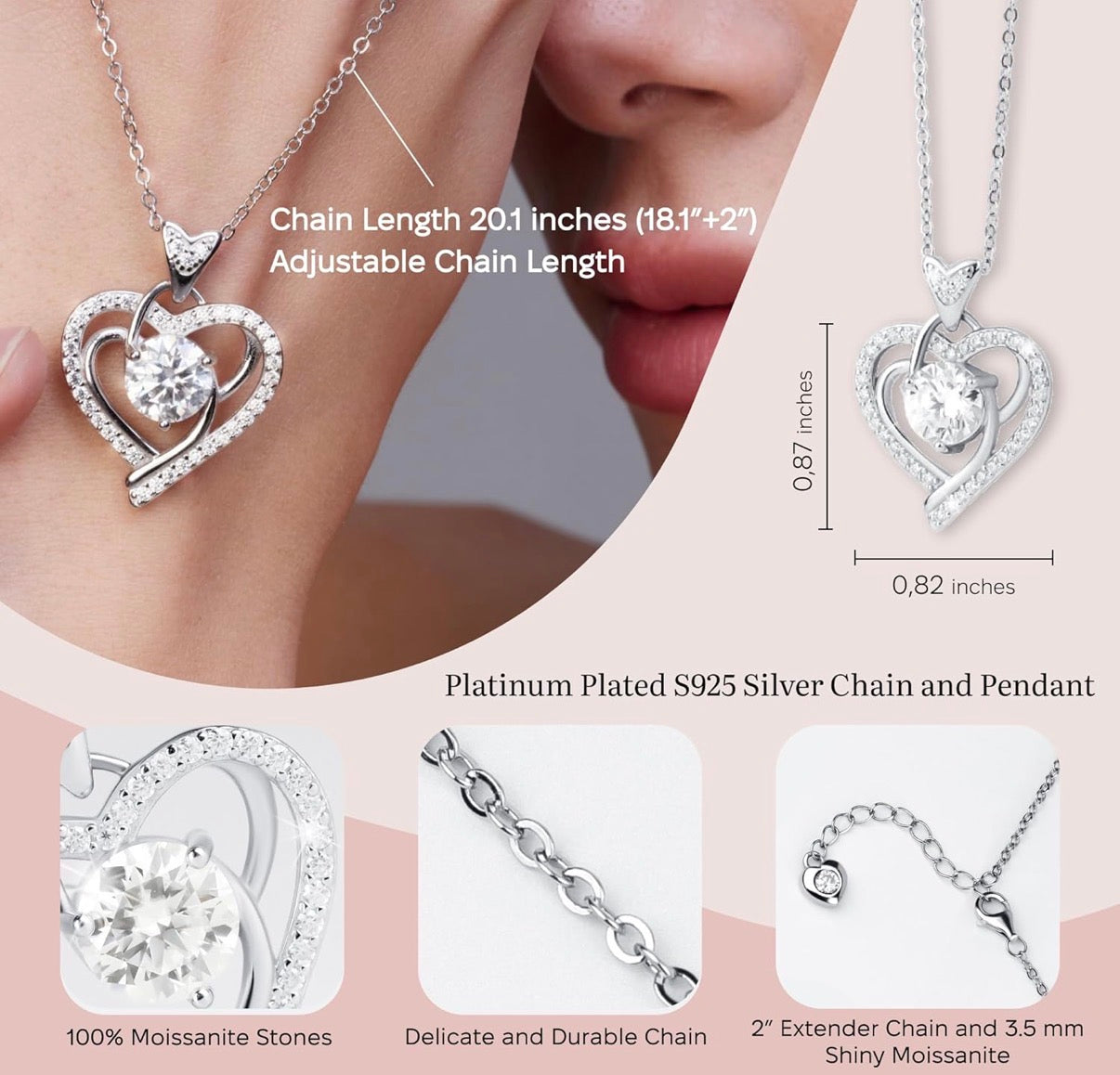 1 Ct Moissanite Pendant Necklace for Women – 925 Sterling Silver for Women Heart Pendant, Dainty Silver.