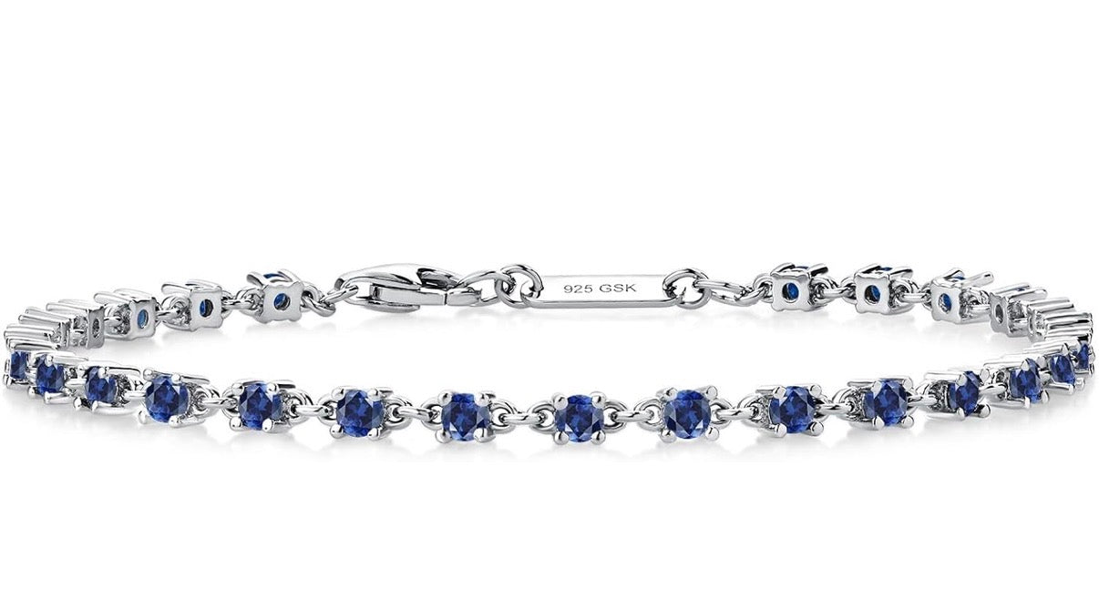 Blue Created Sapphire Tennis Bracelet 925 Sterling Silver 1.76 Carats 2.5MM Gemstone