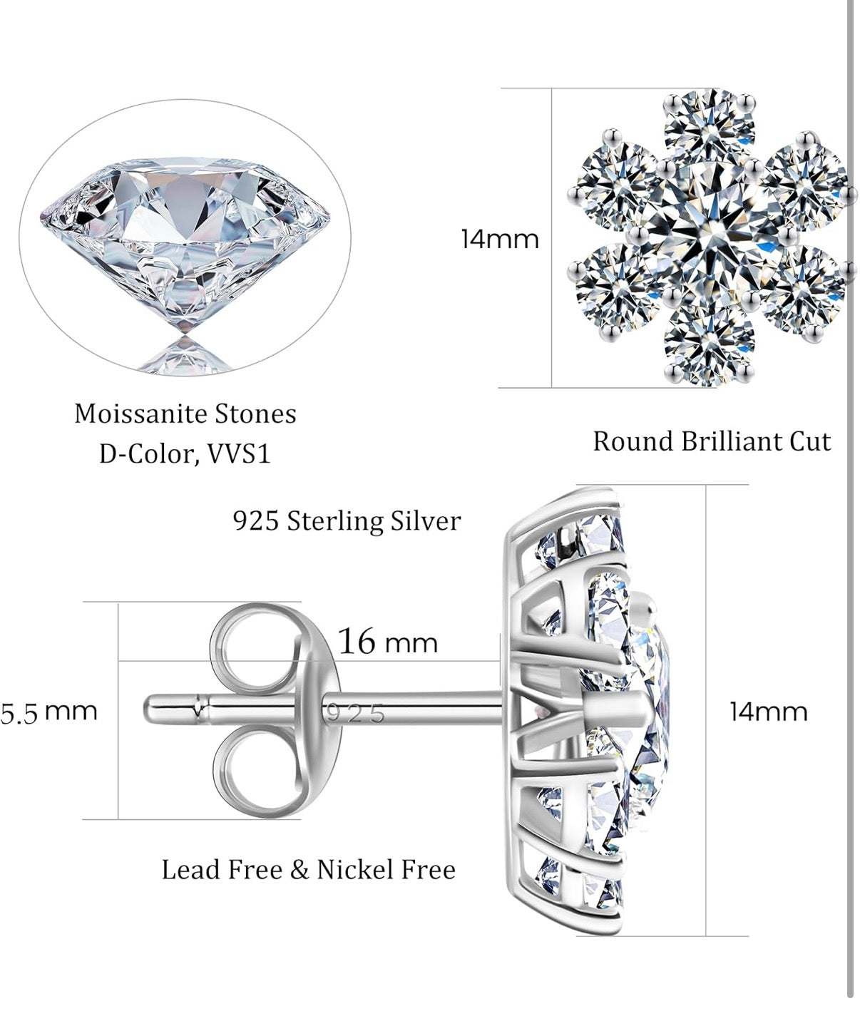 Moissanite Stud Sunflower Earrings D Color VVS1 Clear Moissanite Earrings 18K Gold Plated 925 Sterling Silver