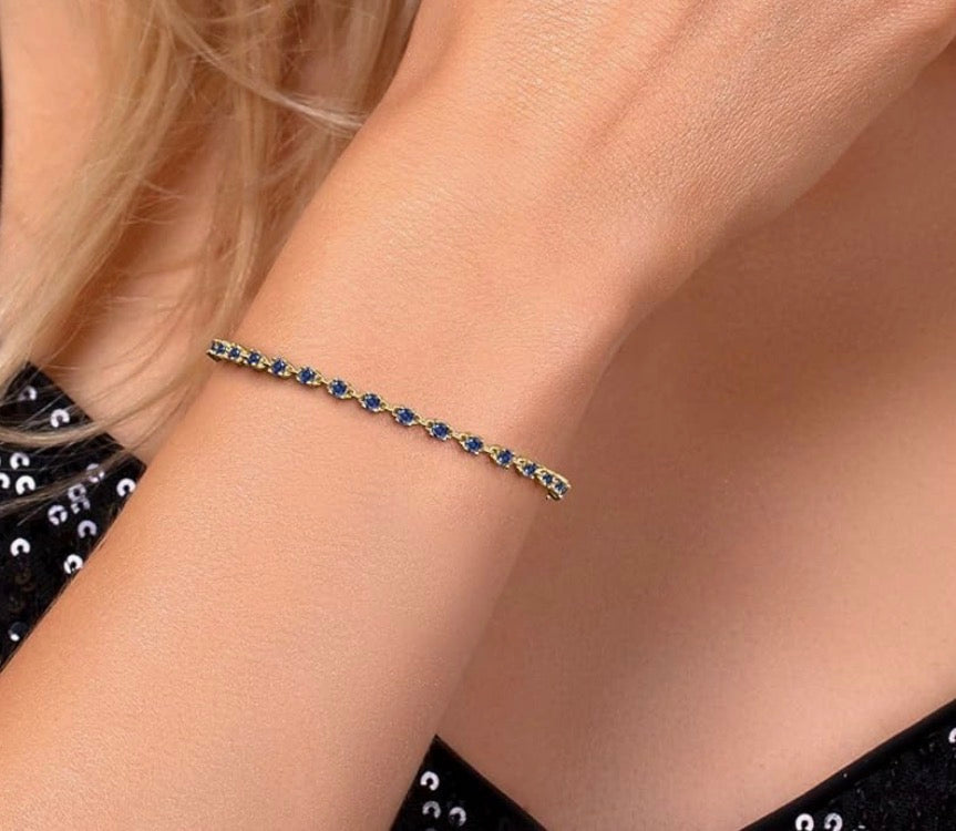 Blue Created Sapphire Tennis Gold Tone Bracelet 925 Sterling Silver 1.76 Carats 2.5MM Gemstone