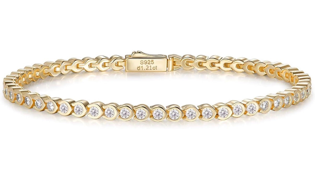 D Color VVS1 Clarity Moissanite Tennis Yellow Gold Bracelet 1.21 Carat Solid 925 Sterling Silver, 5.5-7.5inch