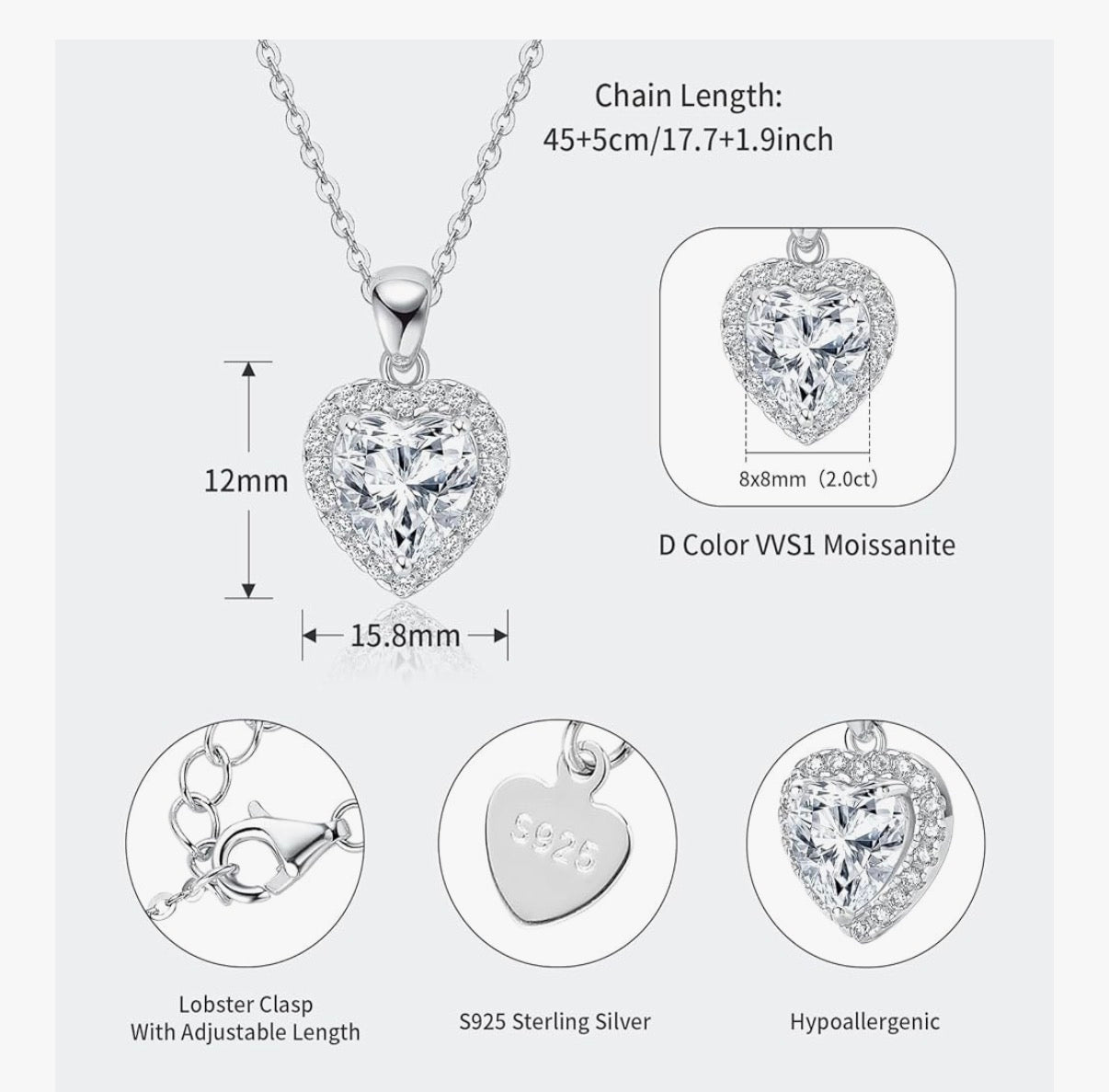2CT Heart Moissanite Pendant Necklace, D Color VVS1 925 Sterling Silver Dainty