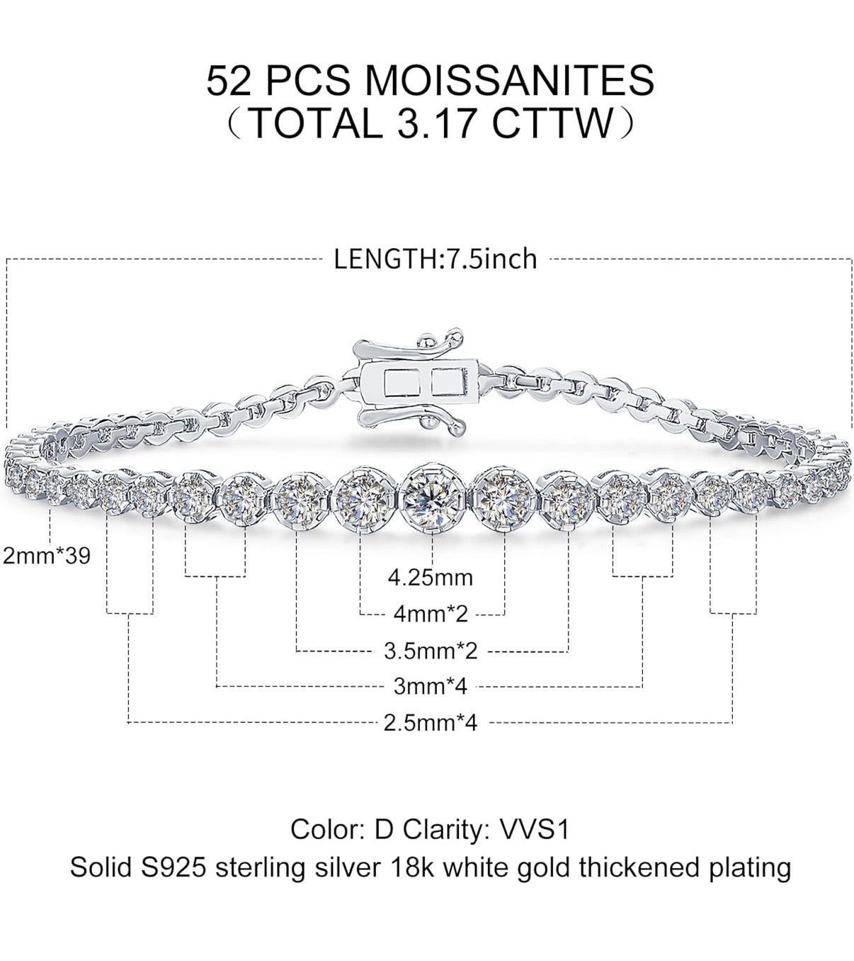 Moissanite Tennis Bracelets for Women - Total 3.17ct D Color VVS1 925 Sterling Silver Graduated 2.0-4.25mm Round Cut Moissanite Bracelet