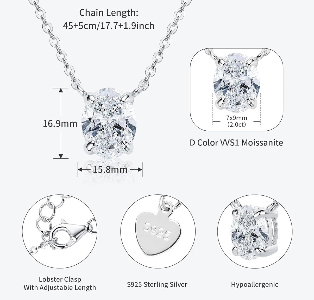 2ct Oval Moissanite Pendant Necklace, D Color VVS1 925 Sterling Silver Platinum