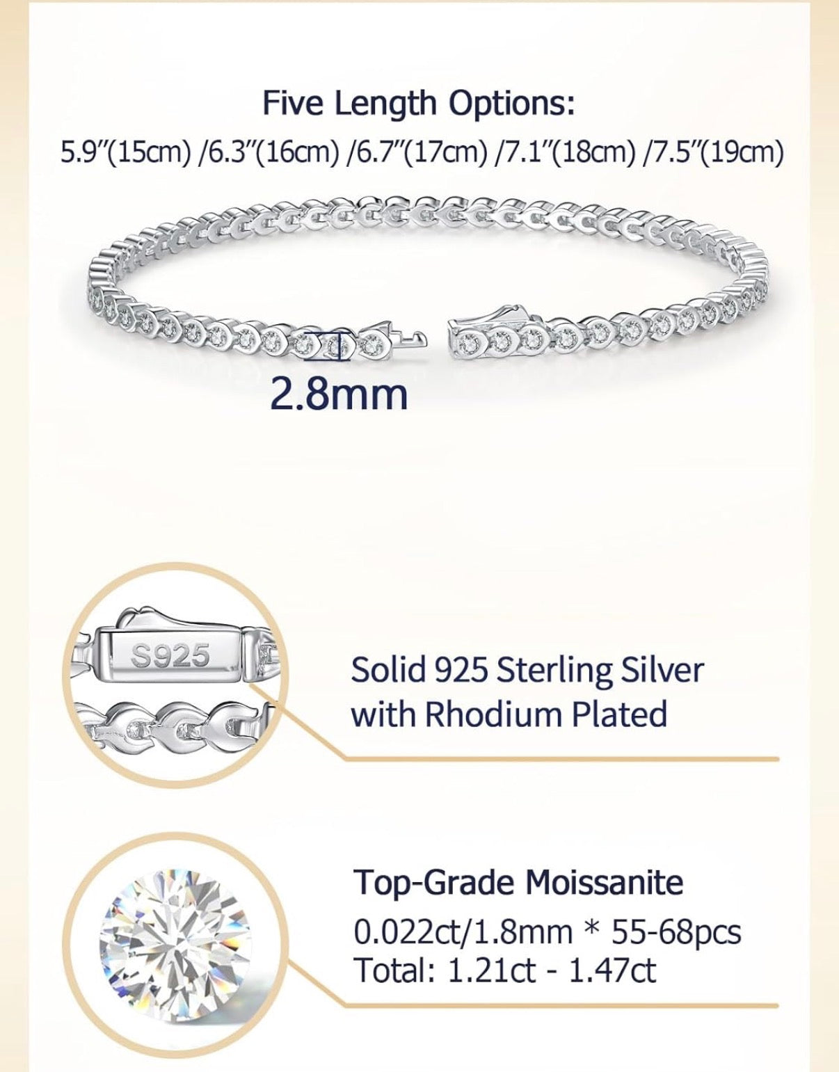 D Color VVS1 Clarity Moissanite Tennis Bracelet 1.21 Carat Solid 925 Sterling Silver, 5.5-7.5inch