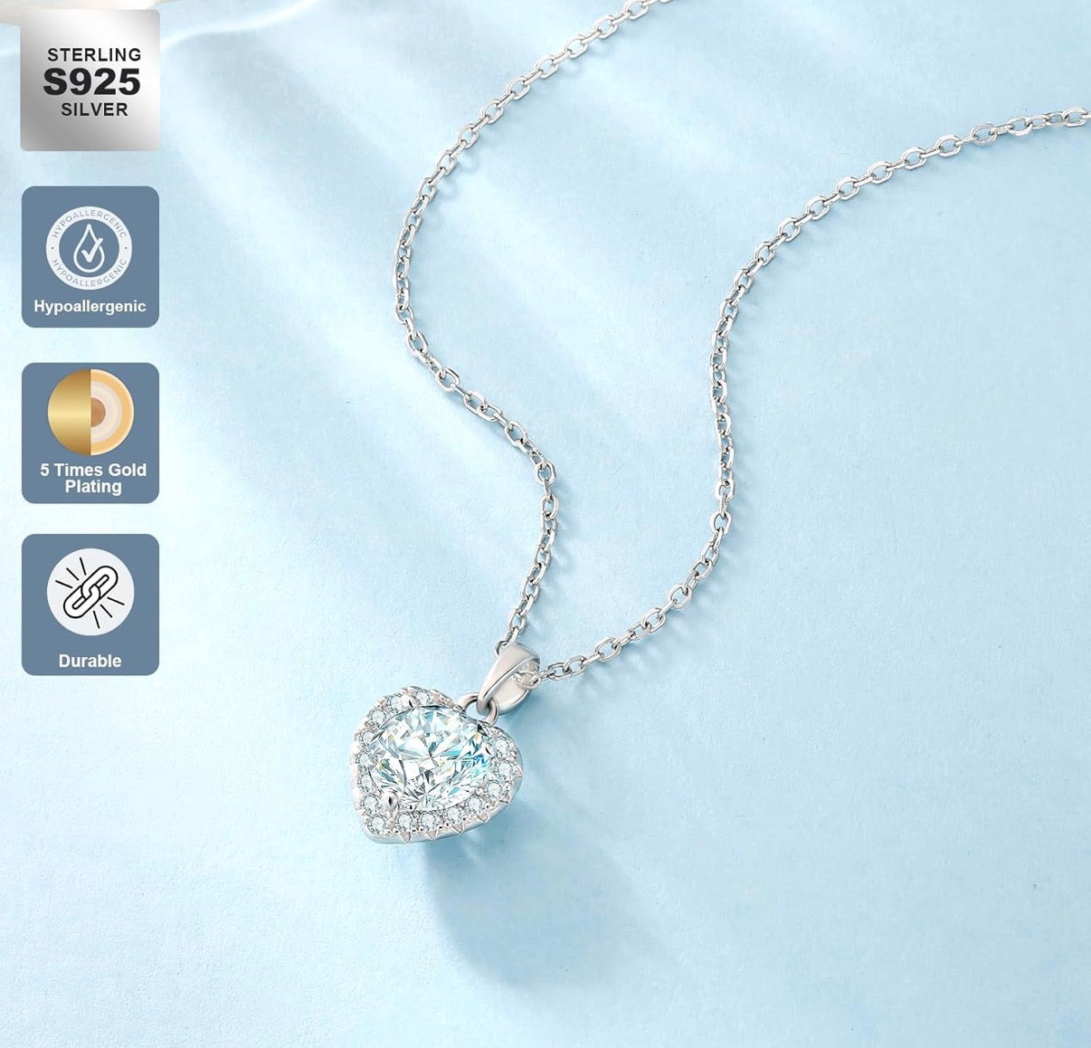 Moissanite Heart Necklace for Women, 0.3CT-1.0CT Lab Created Diamond with VVS1 Clarity D Color Moissanite Chain, White Gold Plated S925 Sterling Silver Necklace