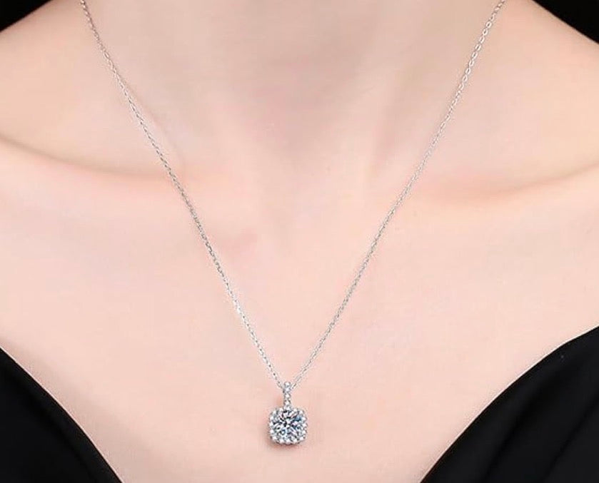 1 Carat Square Halo Style Moissanite 925 Sterling Silver Pendant Necklace Silver Earrings 18K White Gold Plated