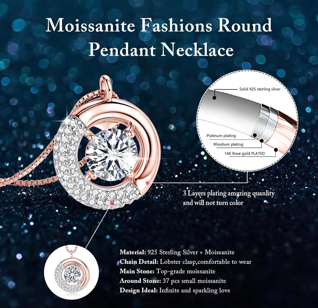 Moissanite Necklaces for Women, 925 Sterling Silver 1 Carat D Color Lab-Created Simulated-diamond Pendant.