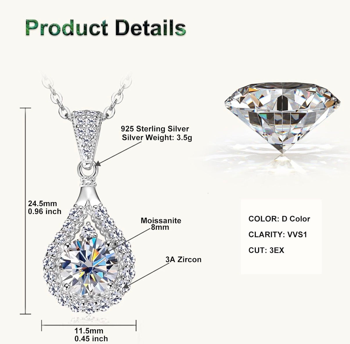 1 Carat Moissanite Engagement Pendant Necklace, D Color VVS1 Clarity 925 Sterling Silver Pear Shaped