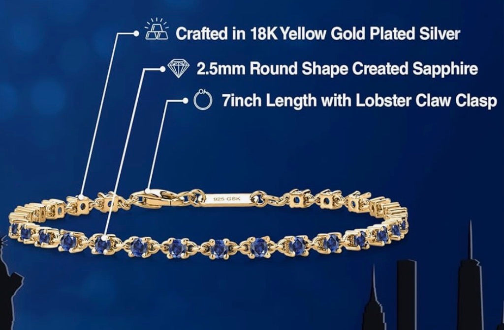 Blue Created Sapphire Tennis Gold Tone Bracelet 925 Sterling Silver 1.76 Carats 2.5MM Gemstone