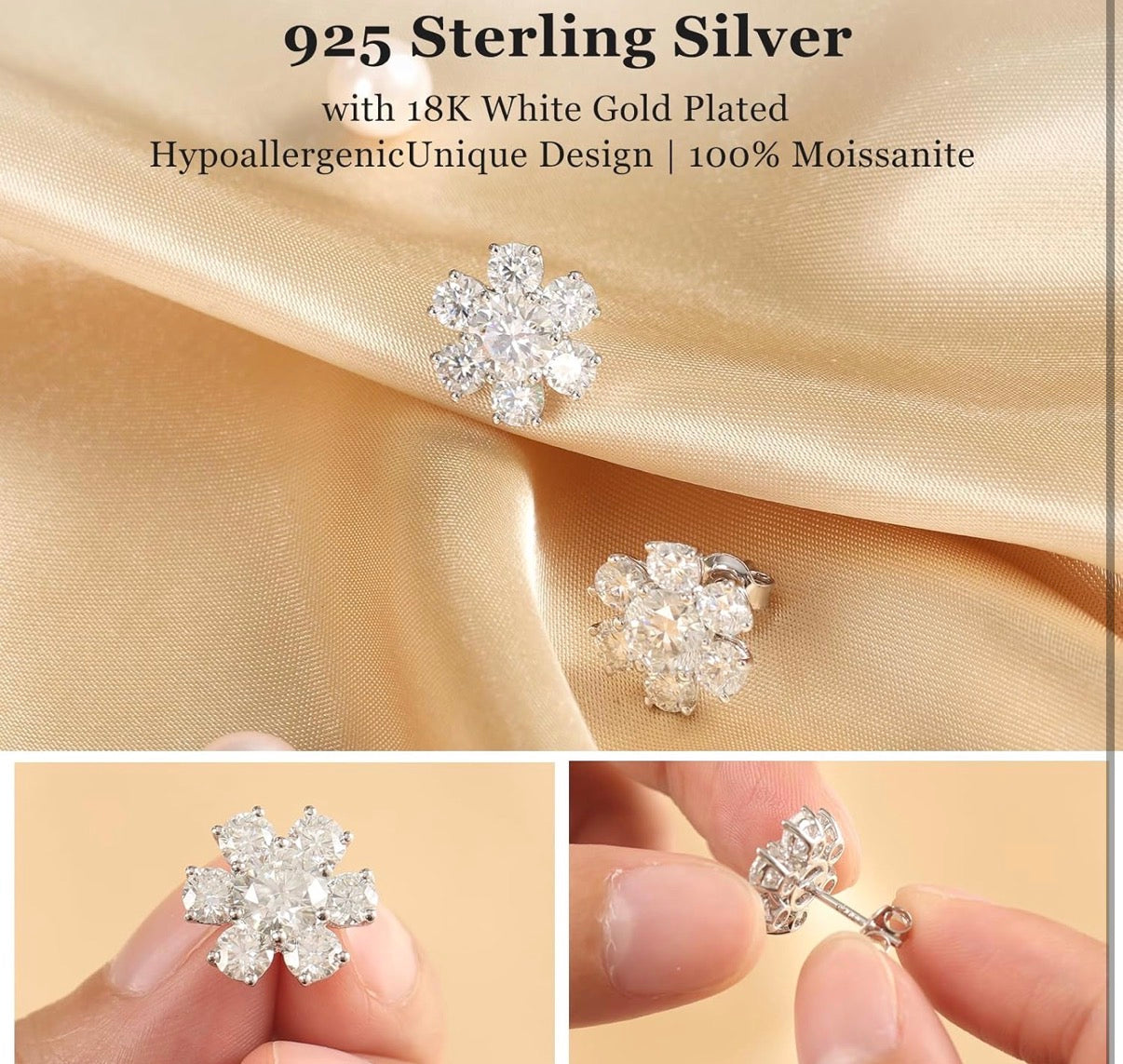 Moissanite Stud Sunflower Earrings D Color VVS1 Clear Moissanite Earrings 18K Gold Plated 925 Sterling Silver