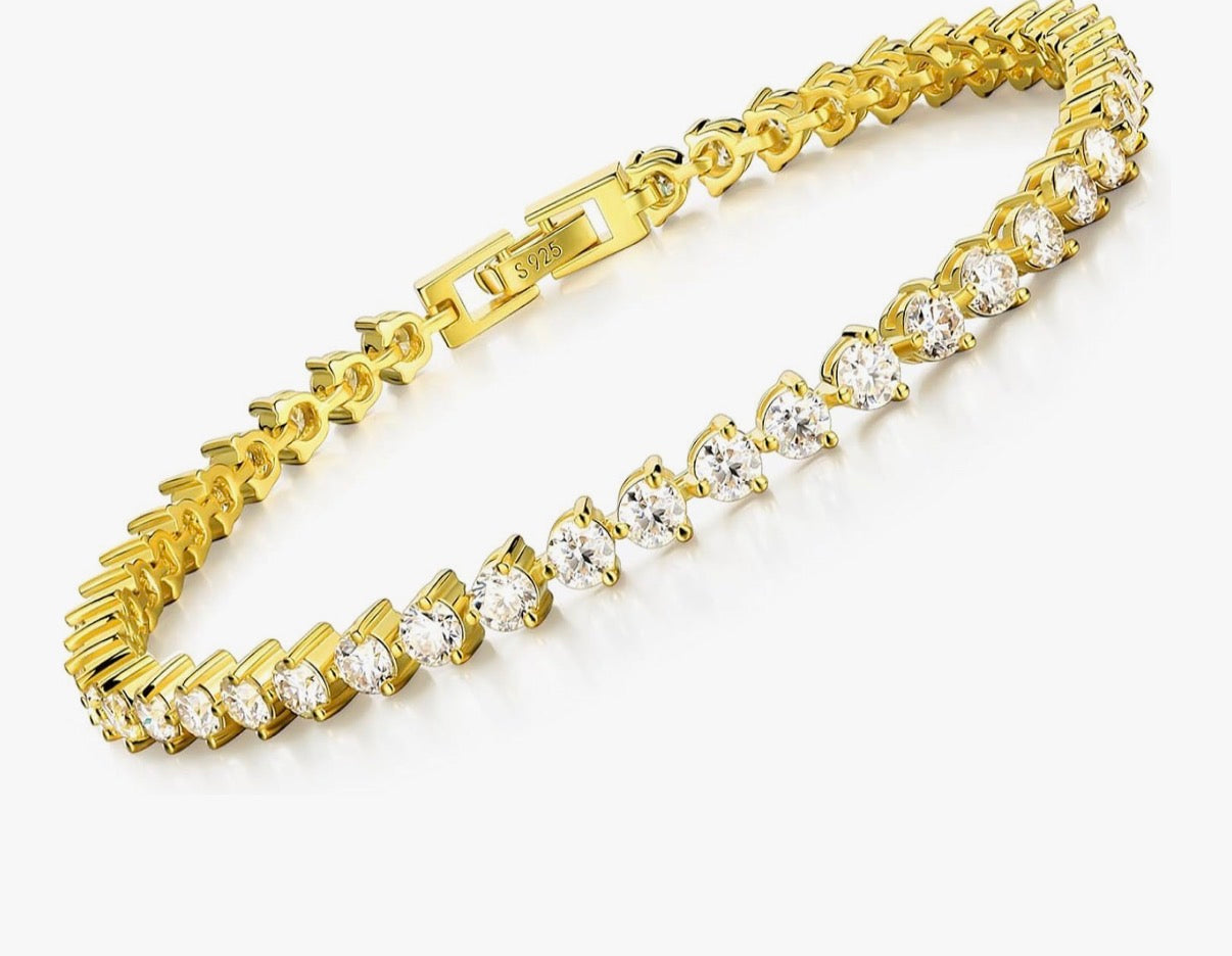 Moissanite Sterling Silver Yellow Gold Tennis Bracelet White Gold Plated 925 Silver Chain - Gold Prong Setting Sparkling VVS1 Solitaire