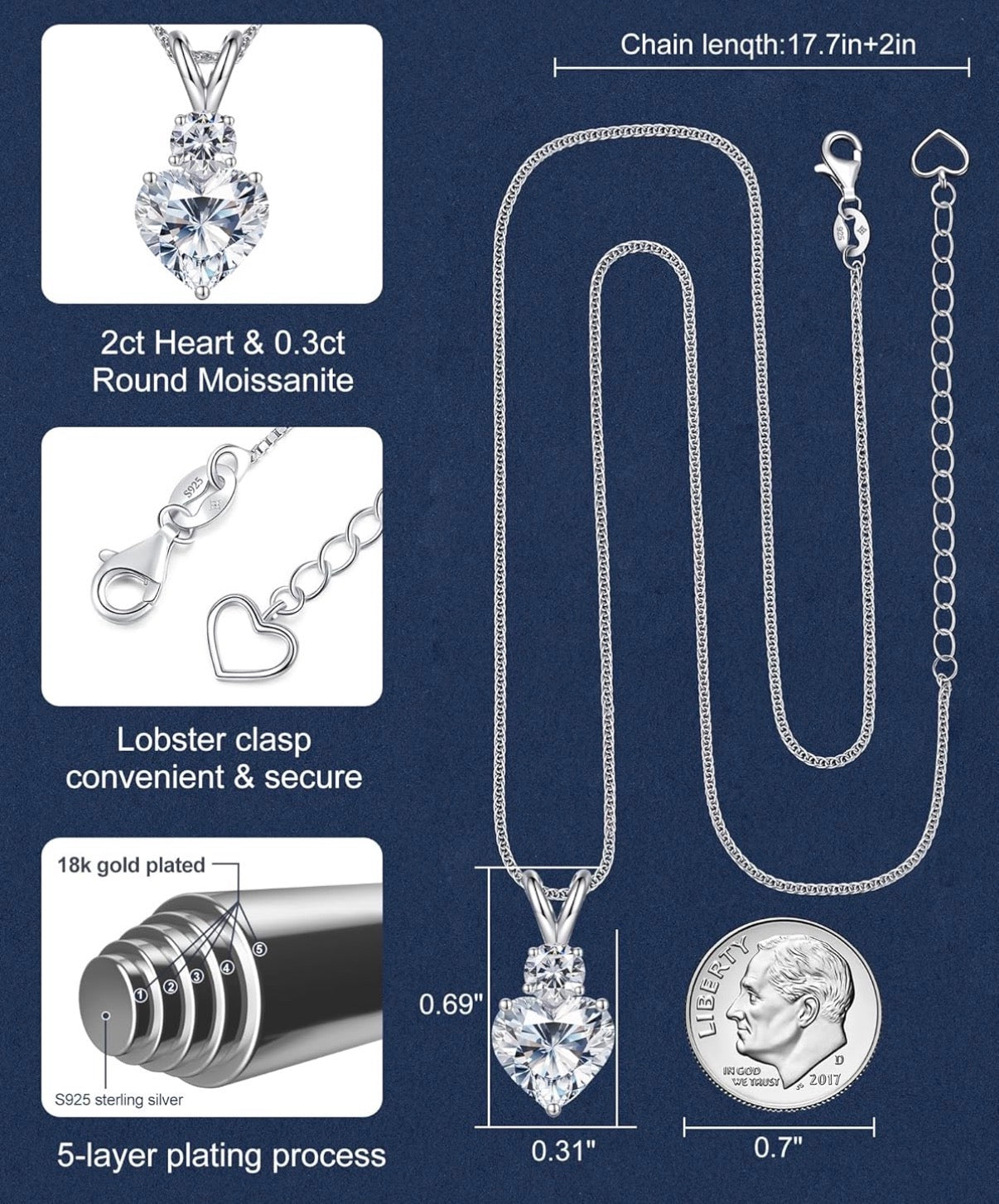 Forever Love Heart Pendant Necklaces for Women, 2.3 Carat Heartshape Moissanite Sterling Silver