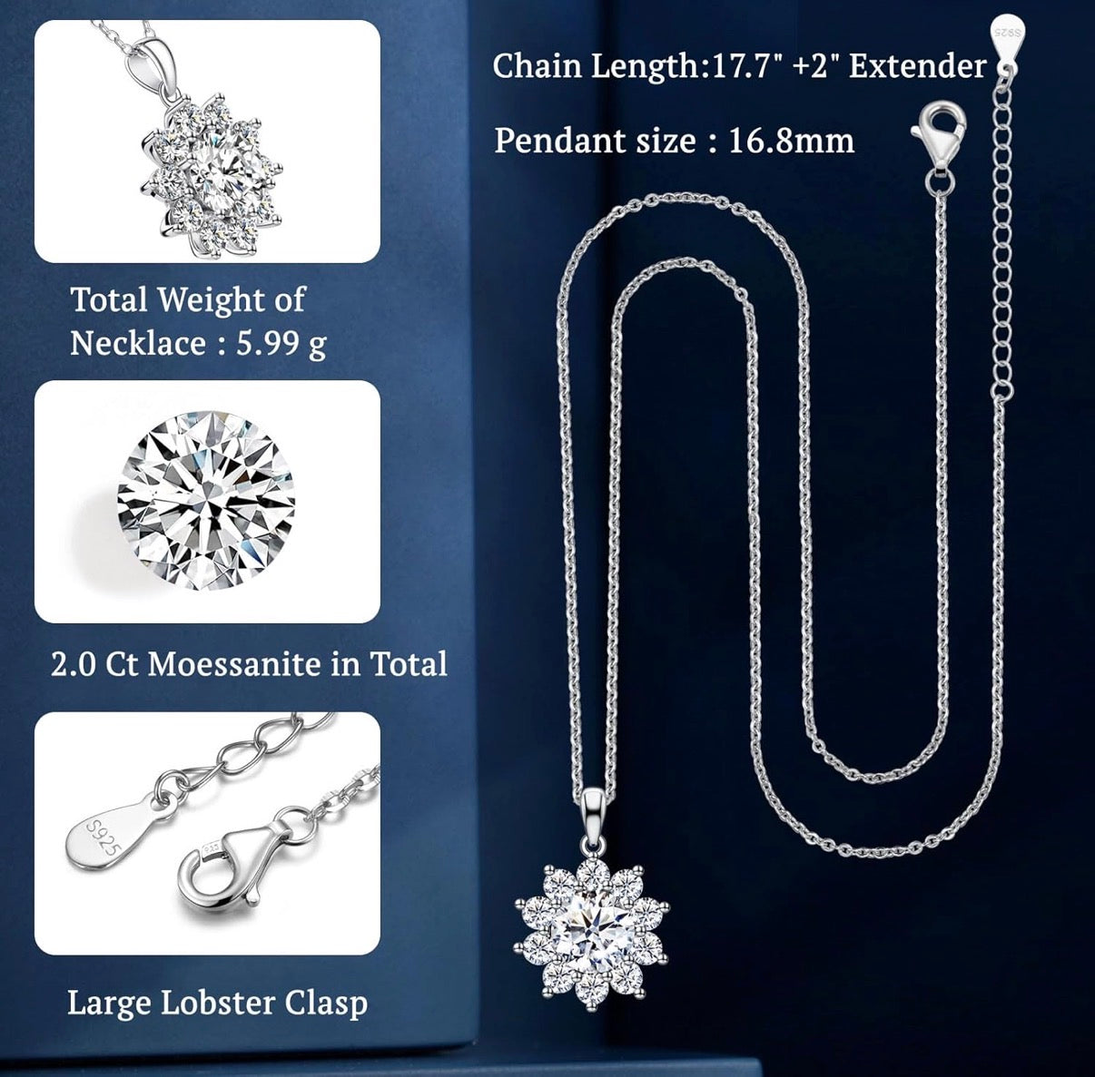 Sunflower Moissanite Pendant Necklace for Women 1CT Sterling Silver