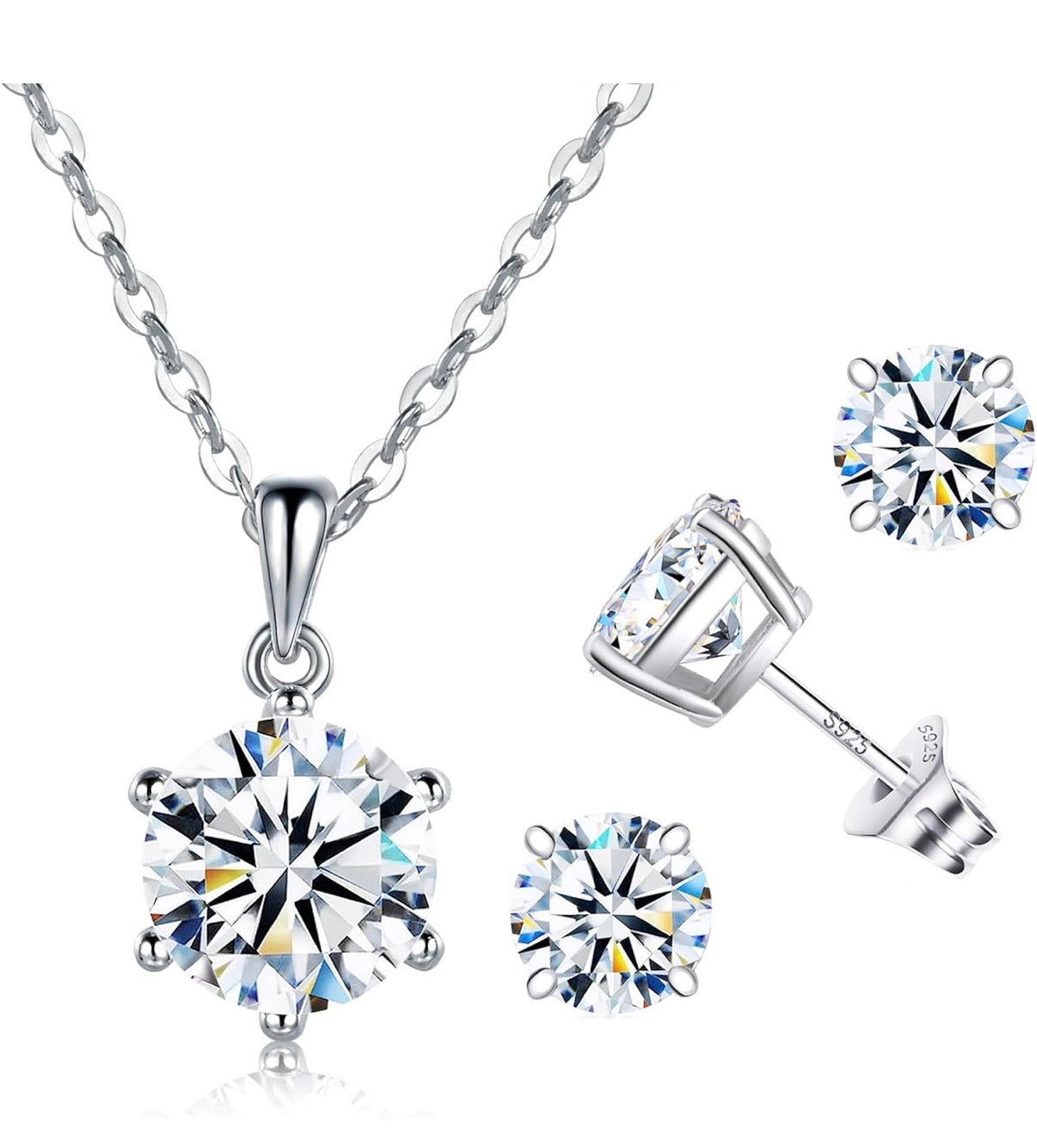 1 Carat Moissanite 925 Sterling Silver Pendant Necklace Silver Earrings 18K White Gold Plated Jewelry Set