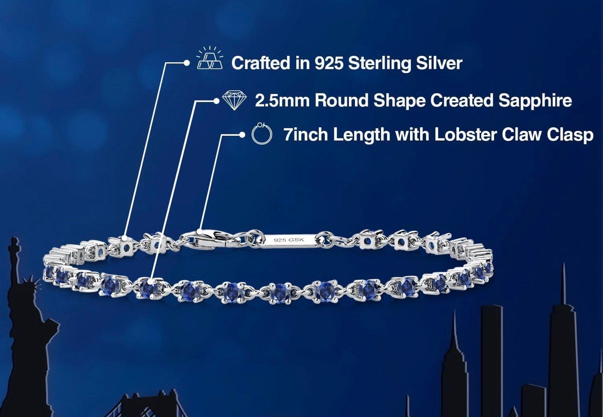 Blue Created Sapphire Tennis Bracelet 925 Sterling Silver 1.76 Carats 2.5MM Gemstone
