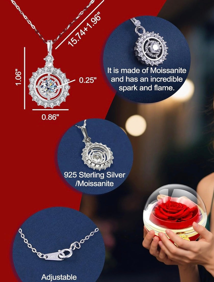 Moissanite Necklace with Preserved Rose, Sterling Silver 925