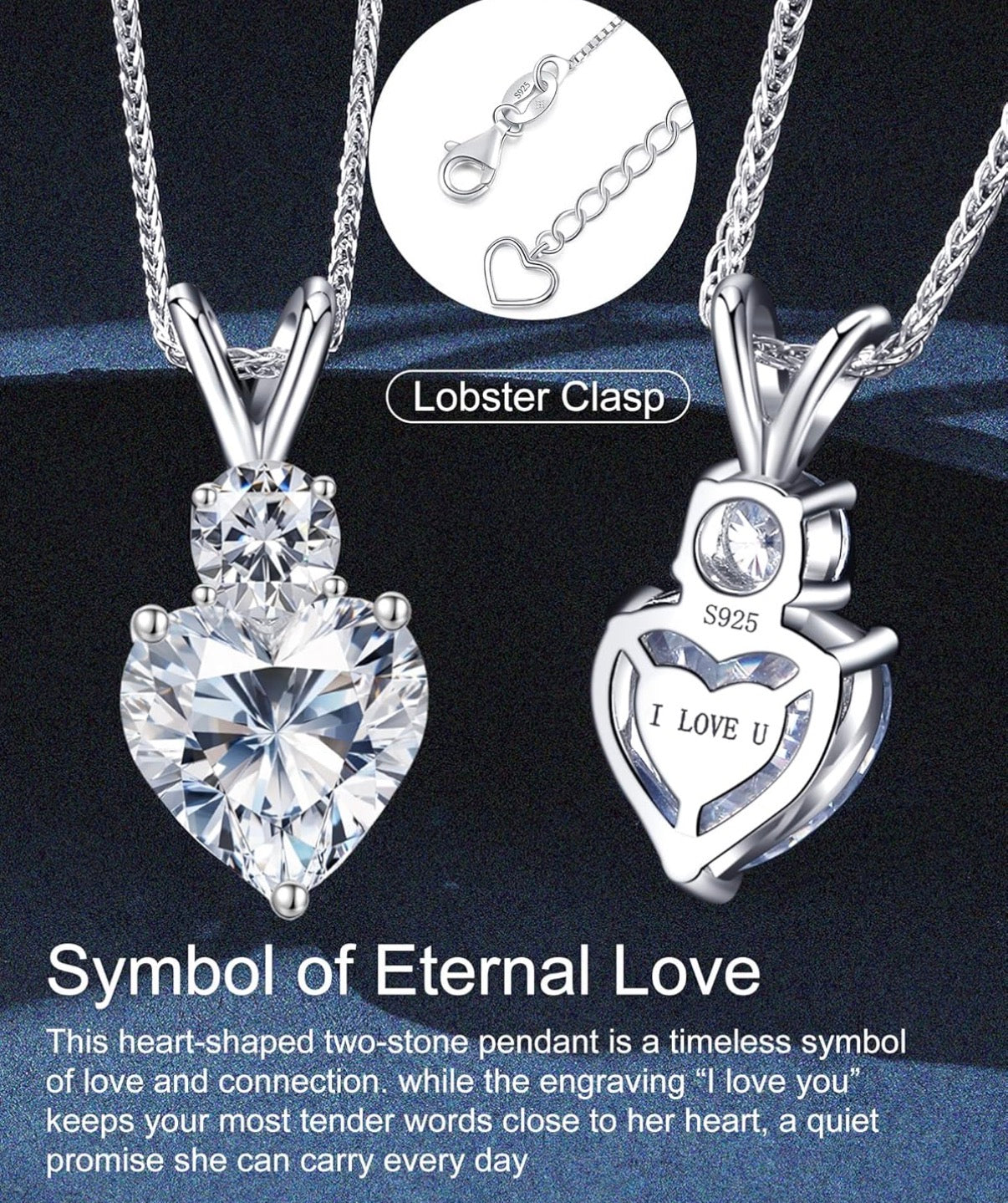 Forever Love Heart Pendant Necklaces for Women, 2.3 Carat Heartshape Moissanite Sterling Silver