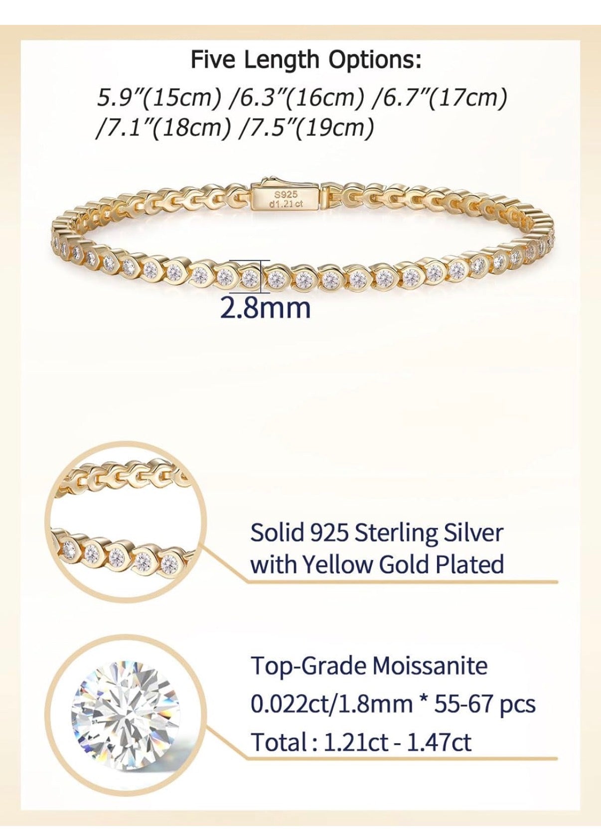 D Color VVS1 Clarity Moissanite Tennis Yellow Gold Bracelet 1.21 Carat Solid 925 Sterling Silver, 5.5-7.5inch