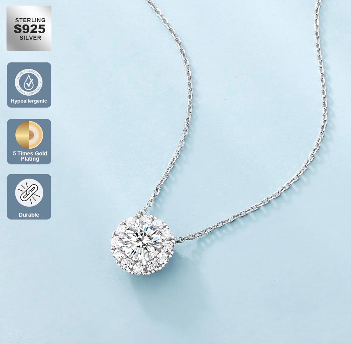 Moissanite Halo Necklace for Women, 0.3CT-1.0CT Lab Created Diamond with VVS1 Clarity D Color Moissanite Chain, White Gold Plated S925 Sterling Silver Necklace