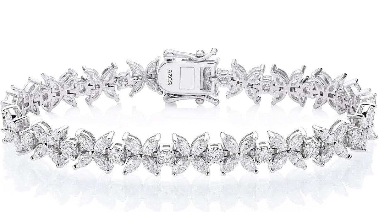 Moissanite Bracelet for Women, Butterfly Design, 925 Sterling Silver 18K White Gold Plated.