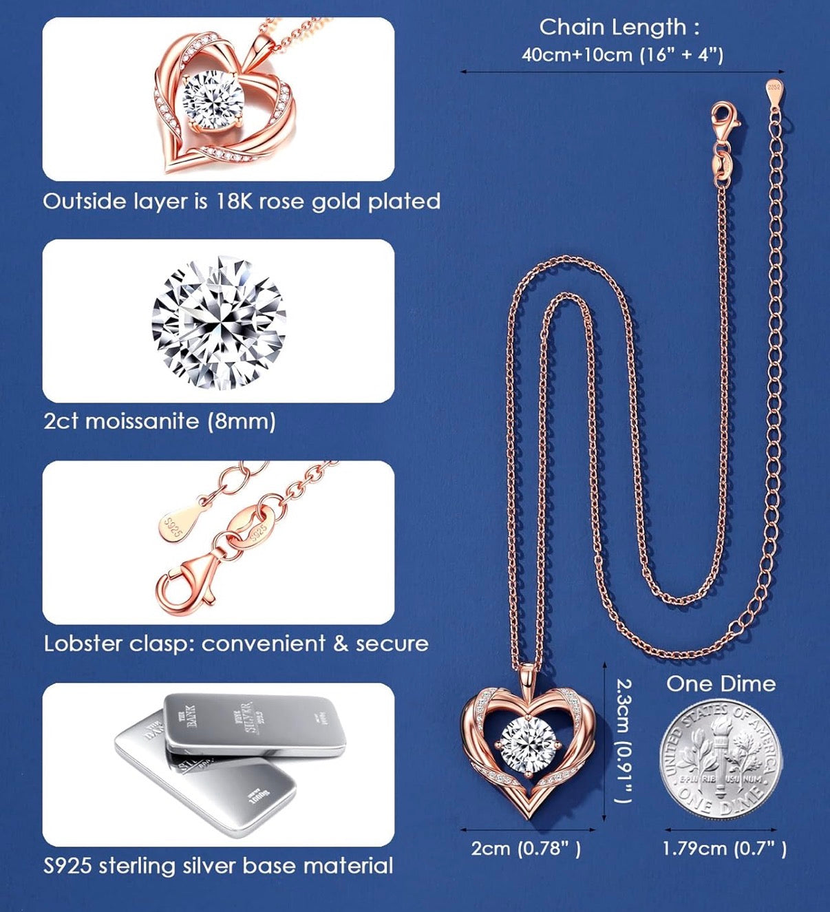 2 Ct Moissanite Heart Necklaces for Women, 18K Gold Plated Romantic Pendant 925 Sterling Silver Jewelry
