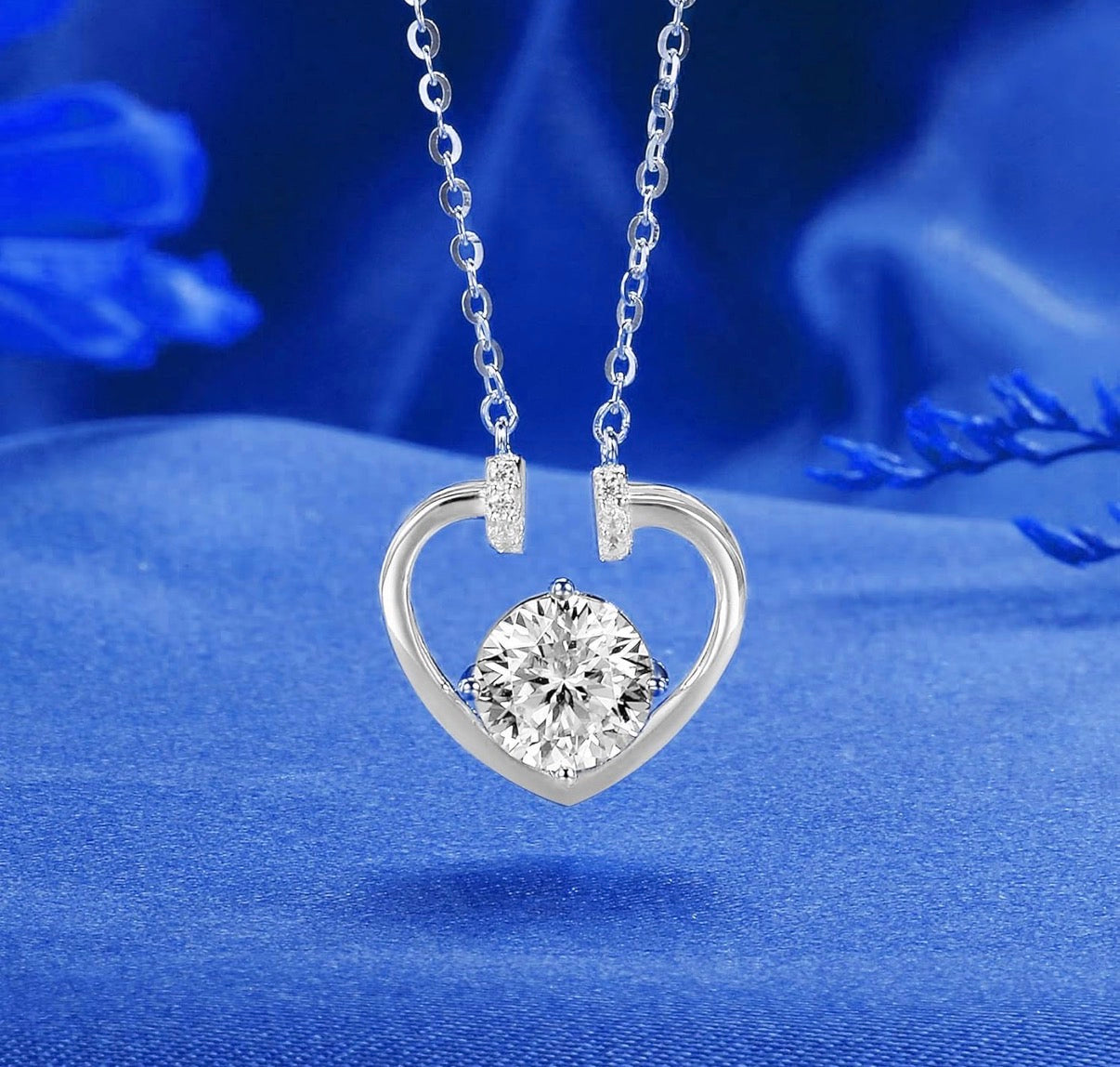 1 Carat Mossanite Heart 925 Sterling Silver Pendant Necklace Silver Earrings 18K White Gold Plated Jewelry Set