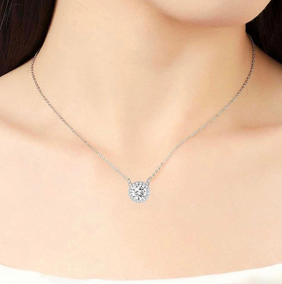 1 Carat Halo Pendant Moissanite 925 Sterling Silver Pendant Necklace Silver Earrings 18K White Gold Plated Jewelry Set