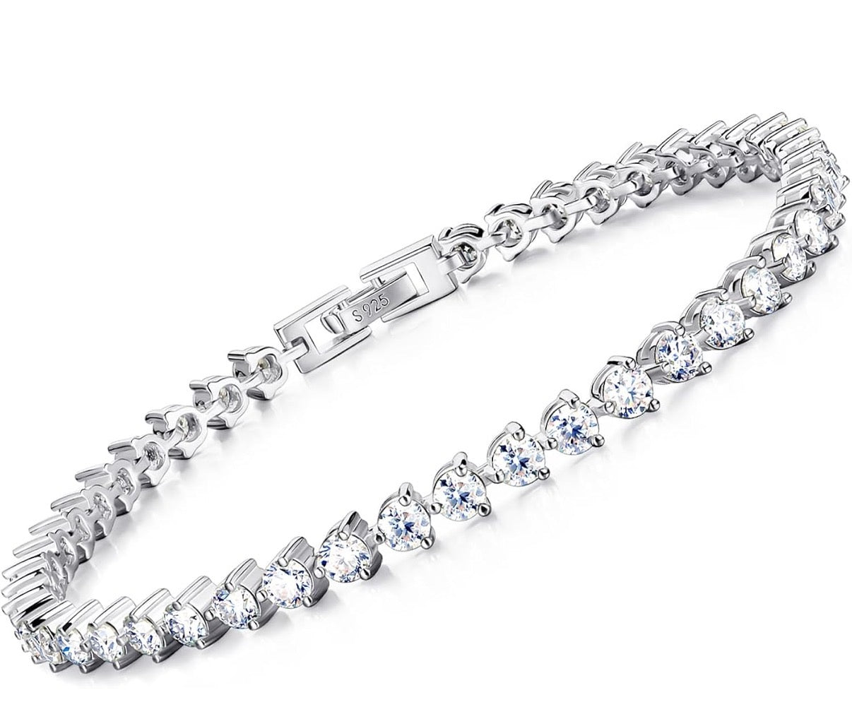 Moissanite Sterling Silver Tennis Bracelet:White Gold Plated 925 Silver Chain - Gold Prong Setting Sparkling VVS1 Solitaire