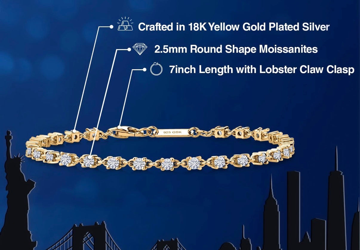Moissanite Tennis Gold Tone Bracelet 925 Sterling Silver 1.76 Carat Round 2.5MM 7 Inch