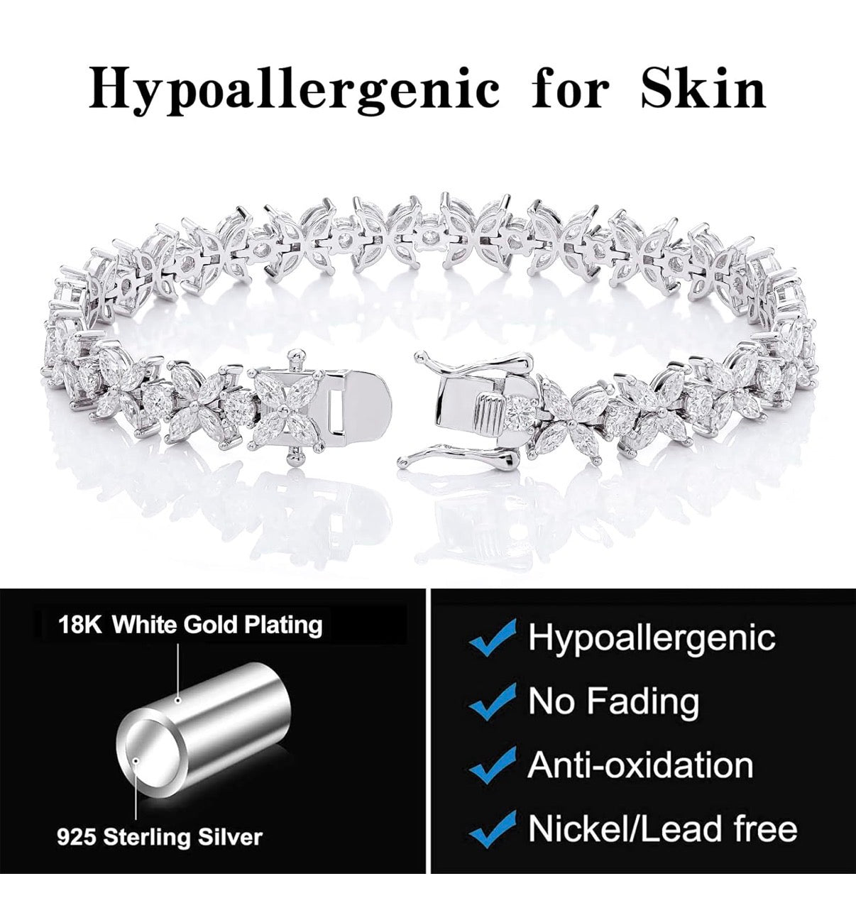 Moissanite Bracelet for Women, Butterfly Design, 925 Sterling Silver 18K White Gold Plated.