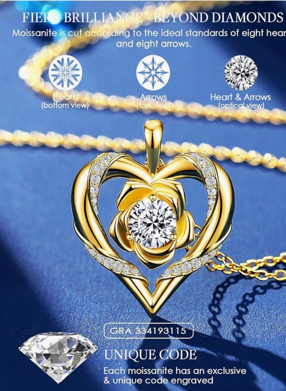 Rose Flower Heart Moissanite Necklaces for Wife, S925 Silver Pendant for Women, 18K Gold Plated Jewelry