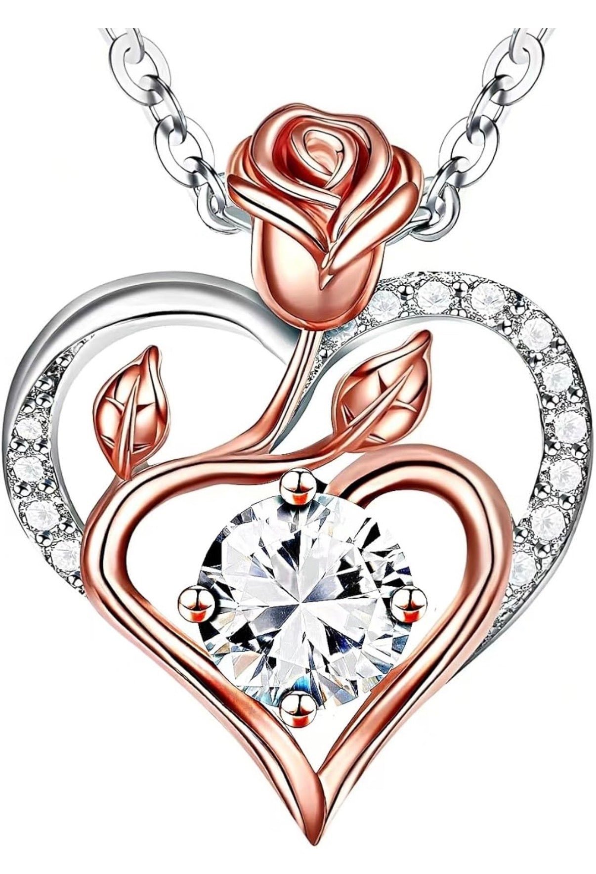 Sterling Silver 0.7 CT Moissanite Heart Necklace with Rose Gold