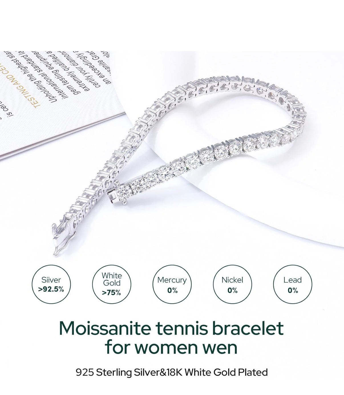 4MM Moissanite Tennis Bracelet for Women Round Cut D Color VVS1 | 18K White Gold Plated 925 Sterling Silver Size 6-7.5 Inch | GRA Certified