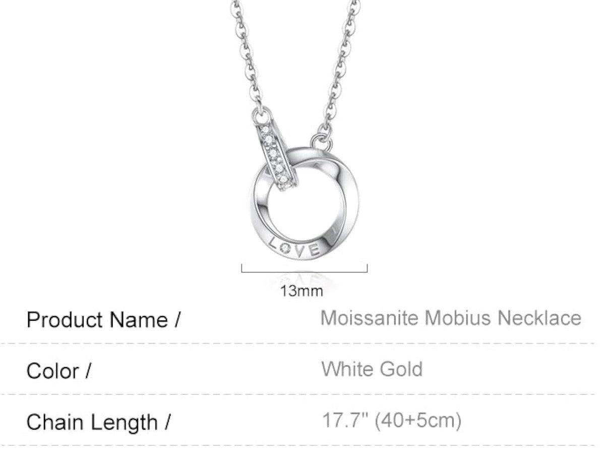 18k White Gold Mobius Ring Necklace, Moissanite Love Necklace,