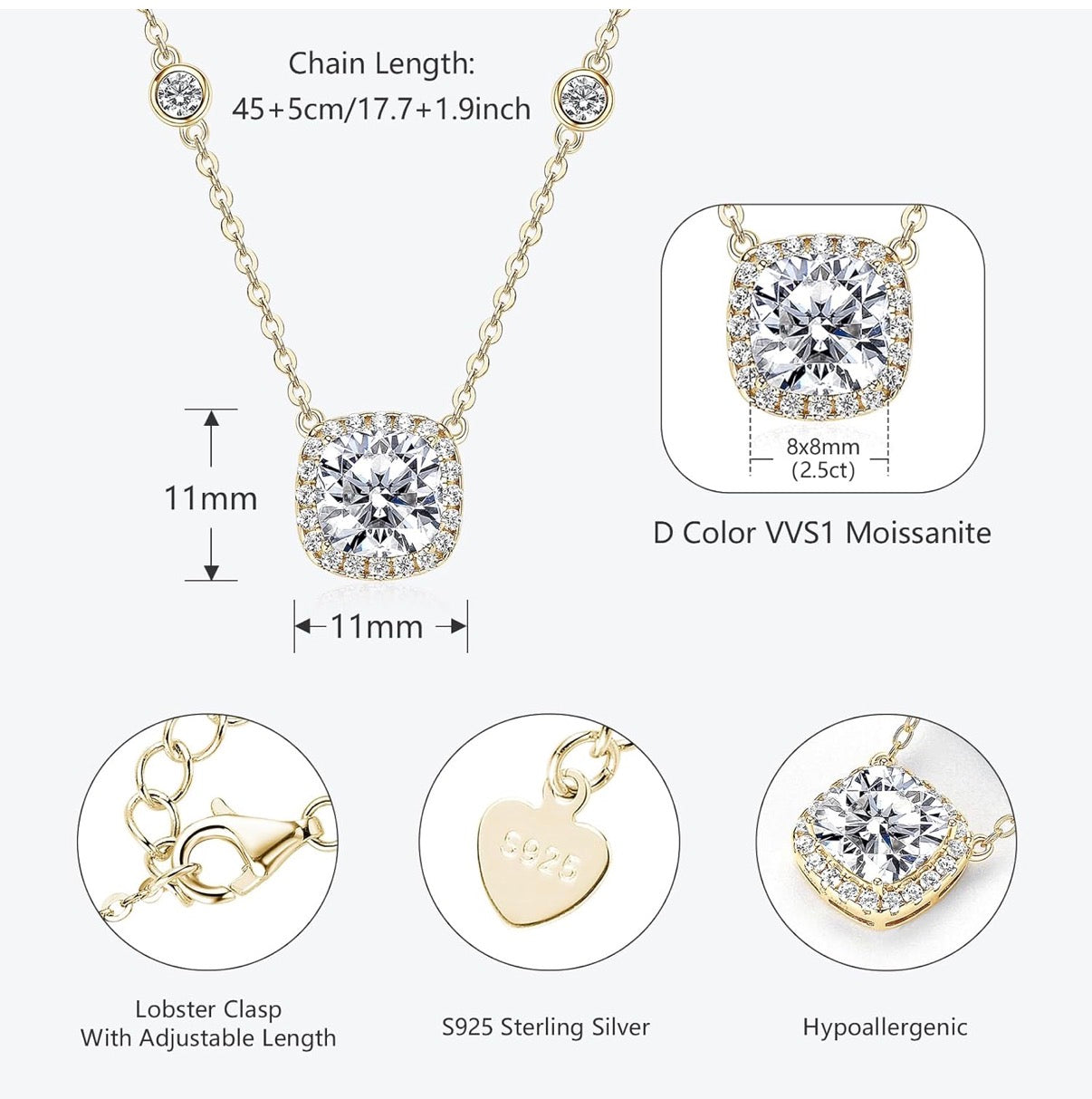 2.5CT Moissanite Pendant Necklace Gold Color Cushion Cut D Color VVS1 925 Sterling Silver Halo Pendant.