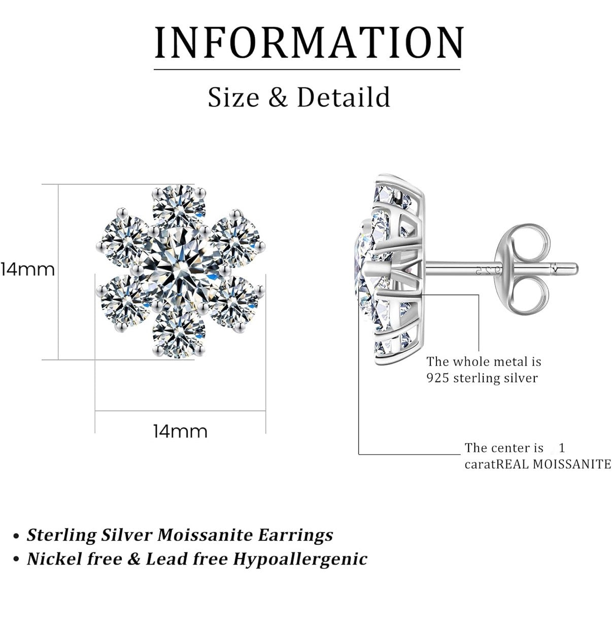Moissanite Stud Sunflower Earrings D Color VVS1 Clear Moissanite Earrings 18K Gold Plated 925 Sterling Silver