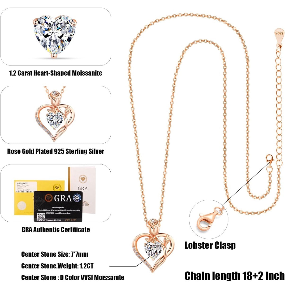 1.2CT Rose Heart Moissanite Necklace for Women Jewelry D Color VVS1 S925 Sterling Silver 18K Rose Gold Plated