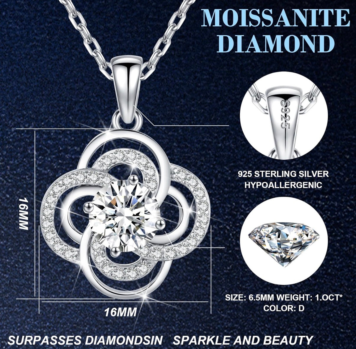 Moissanite Pendant Necklace for Women 925 Sterling Silver 1 Carat